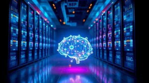 Futuristic server room with glowing neural network nodes representing Bittensor's decentralized AI network and TAO token.