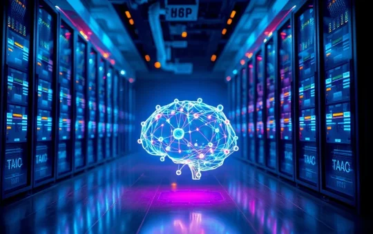 Futuristic server room with glowing neural network nodes representing Bittensor's decentralized AI network and TAO token.