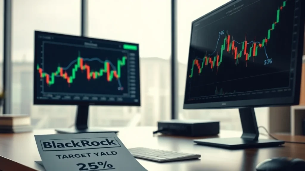 BlackRock BITA ETF trading dashboard showing Bitcoin volatility and a 25% yield target.