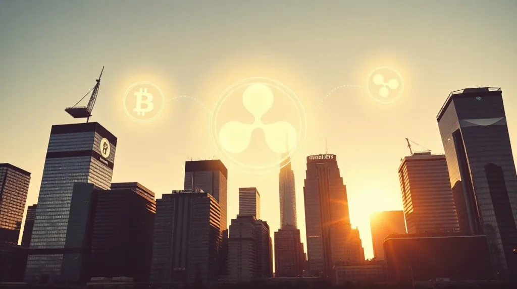 Three glowing digital icons representing BlackRock, JPMorgan, and Ripple above a modern city skyline at sunset, symbolizing the tokenized real-world asset market.