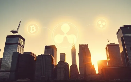 Three glowing digital icons representing BlackRock, JPMorgan, and Ripple above a modern city skyline at sunset, symbolizing the tokenized real-world asset market.