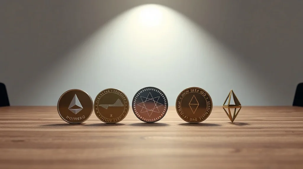 Four cryptocurrency coins representing BlockDAG, Monero, Polygon, and Solana on a newsroom desk.
