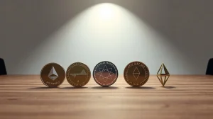 Four cryptocurrency coins representing BlockDAG, Monero, Polygon, and Solana on a newsroom desk.