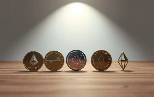 Four cryptocurrency coins representing BlockDAG, Monero, Polygon, and Solana on a newsroom desk.