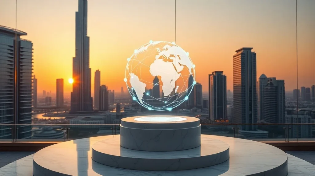Blockmaze RWA tokenisation platform launch in Dubai with holographic globe and city skyline