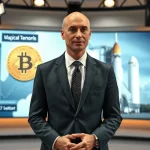 Bloomberg analyst Mike McGlone in a studio with Bitcoin and SpaceX imagery on screen