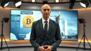 Bloomberg analyst Mike McGlone in a studio with Bitcoin and SpaceX imagery on screen