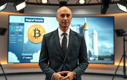 Bloomberg analyst Mike McGlone in a studio with Bitcoin and SpaceX imagery on screen