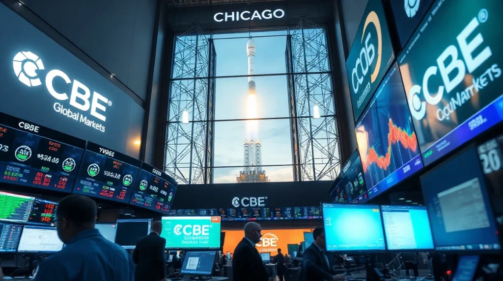 Cboe trading floor with SpaceX rocket launch visible in background
