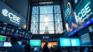 Cboe trading floor with SpaceX rocket launch visible in background