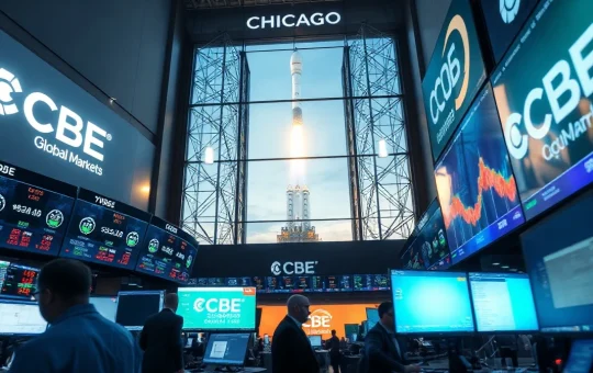 Cboe trading floor with SpaceX rocket launch visible in background