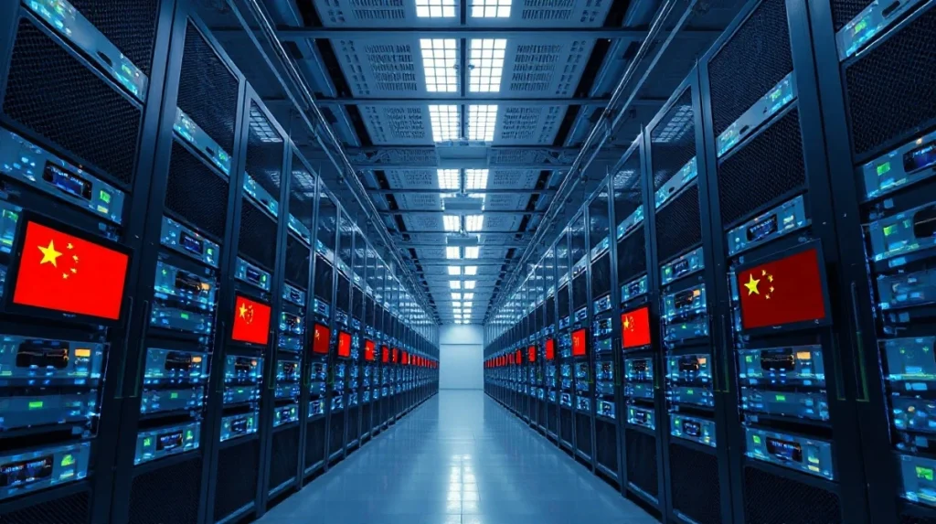 Interior of a large data center in China with server racks and blue lighting