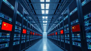 Interior of a large data center in China with server racks and blue lighting