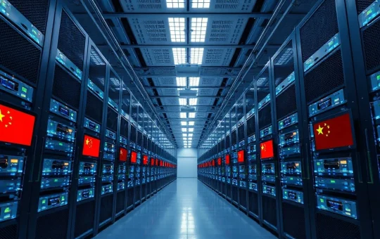 Interior of a large data center in China with server racks and blue lighting