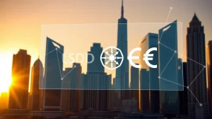Digital interface showing USDC and EURC logos over a Middle Eastern city skyline at sunset.