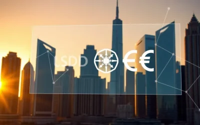 Digital interface showing USDC and EURC logos over a Middle Eastern city skyline at sunset.