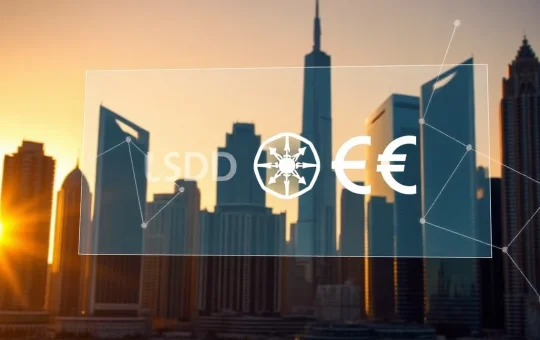 Digital interface showing USDC and EURC logos over a Middle Eastern city skyline at sunset.
