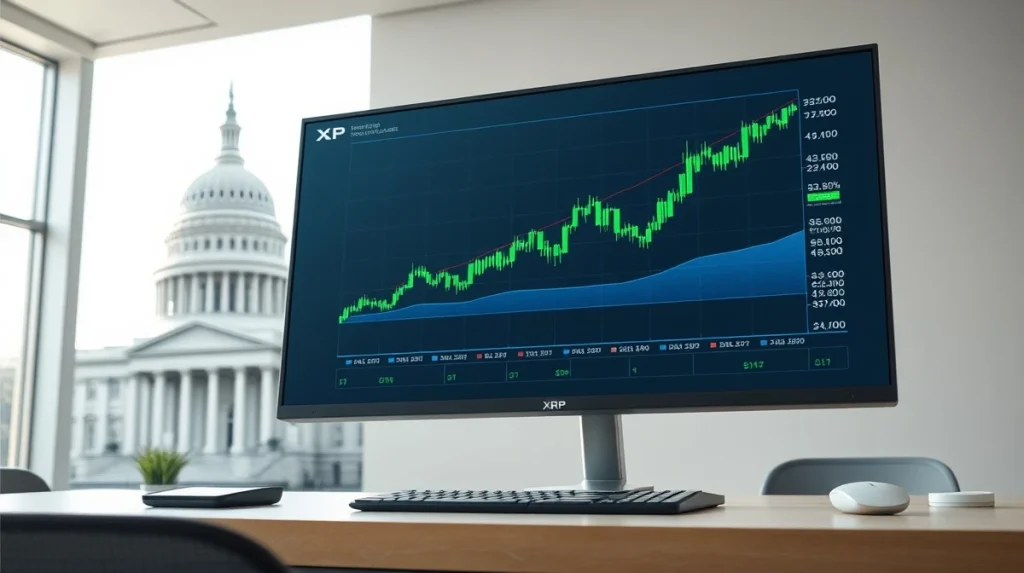 Financial trading monitor displaying XRP price chart with a blurred government building in the background.