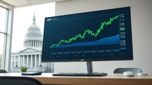 Financial trading monitor displaying XRP price chart with a blurred government building in the background.