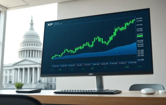 Financial trading monitor displaying XRP price chart with a blurred government building in the background.