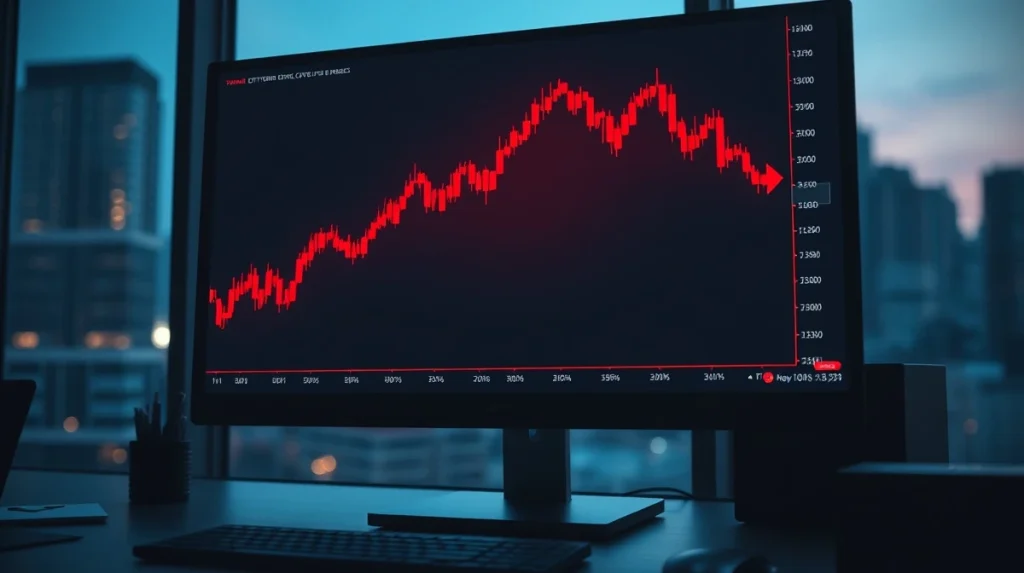 Red candlestick chart on a monitor showing a sharp decline in Bitcoin price, with a dark trading desk background.