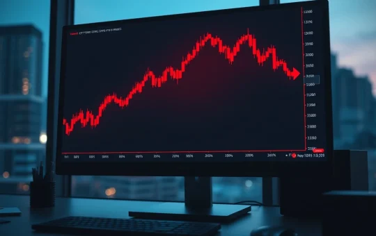 Red candlestick chart on a monitor showing a sharp decline in Bitcoin price, with a dark trading desk background.