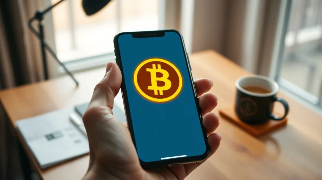 Person holding smartphone with glowing Bitcoin symbol over digital wallet interface in a home office