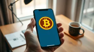 Person holding smartphone with glowing Bitcoin symbol over digital wallet interface in a home office