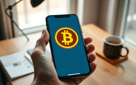 Person holding smartphone with glowing Bitcoin symbol over digital wallet interface in a home office