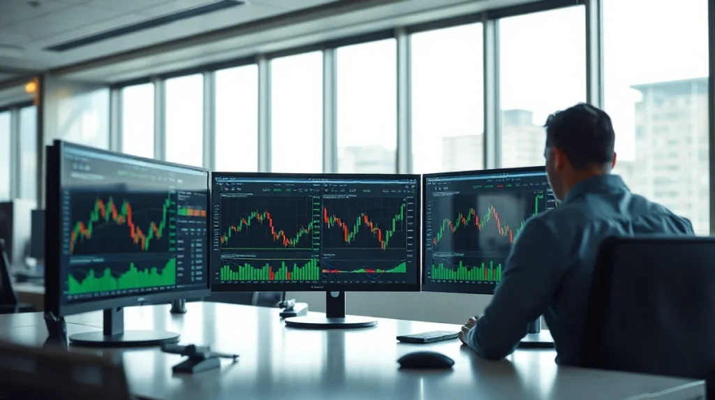 Trading desk monitors showing cryptocurrency and global market data charts