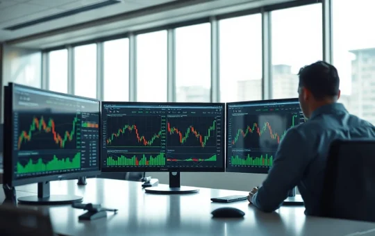 Trading desk monitors showing cryptocurrency and global market data charts