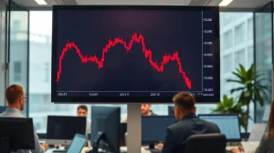 Digital trading screen showing a red declining candlestick chart in a financial office