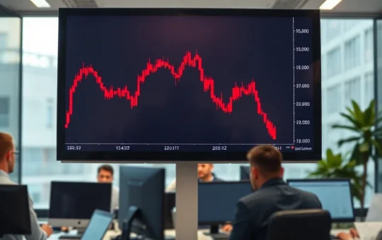 Digital trading screen showing a red declining candlestick chart in a financial office