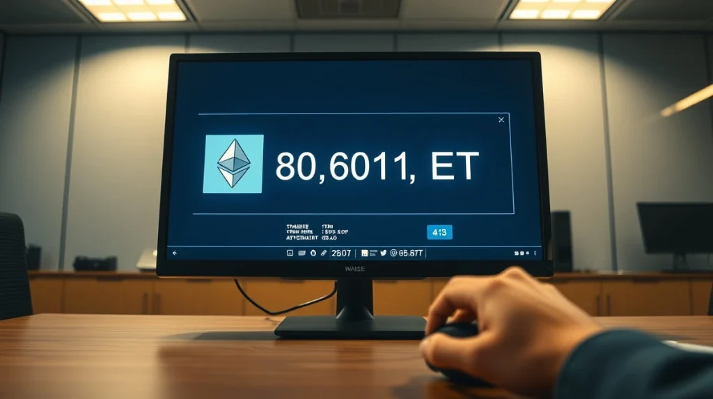 A computer monitor displaying a crypto wallet interface showing a transfer of 80,001 ETH, with the Ethereum logo.