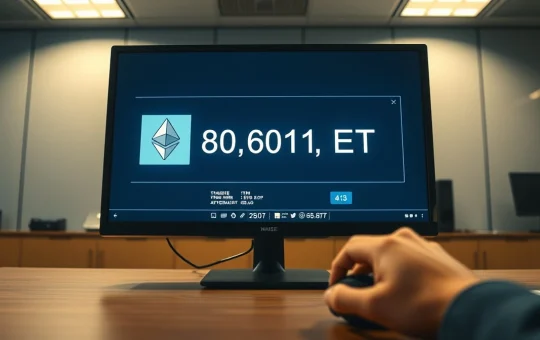 A computer monitor displaying a crypto wallet interface showing a transfer of 80,001 ETH, with the Ethereum logo.