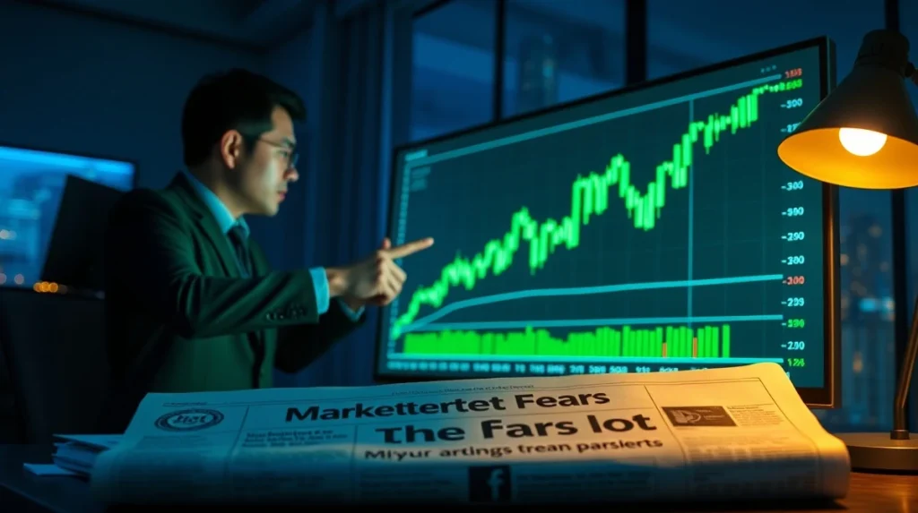 Analyst pointing at green crypto chart in dim office, suggesting a rally during bearish sentiment