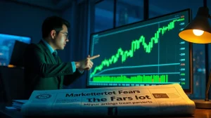 Analyst pointing at green crypto chart in dim office, suggesting a rally during bearish sentiment