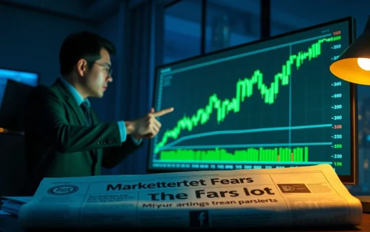 Analyst pointing at green crypto chart in dim office, suggesting a rally during bearish sentiment