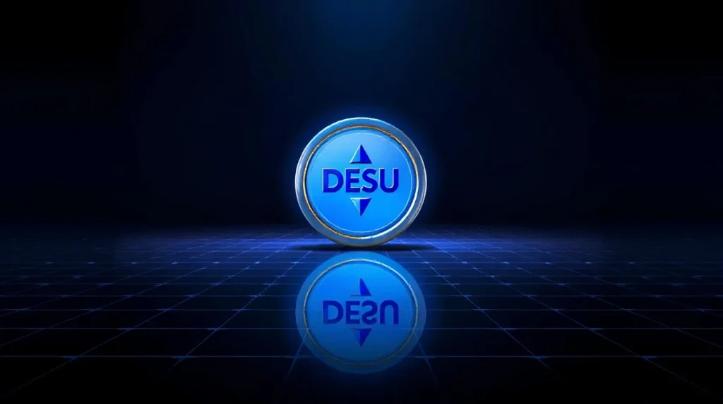 DESU token icon on a dark trading platform background with grid lines