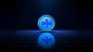 DESU token icon on a dark trading platform background with grid lines