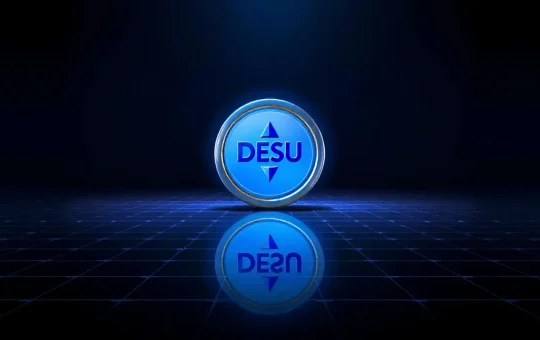 DESU token icon on a dark trading platform background with grid lines