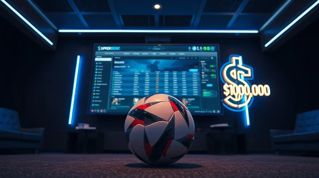 Digital sportsbook interface with soccer ball and $100,000 prize graphic for Dexsport World Cup promotion