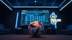 Digital sportsbook interface with soccer ball and $100,000 prize graphic for Dexsport World Cup promotion