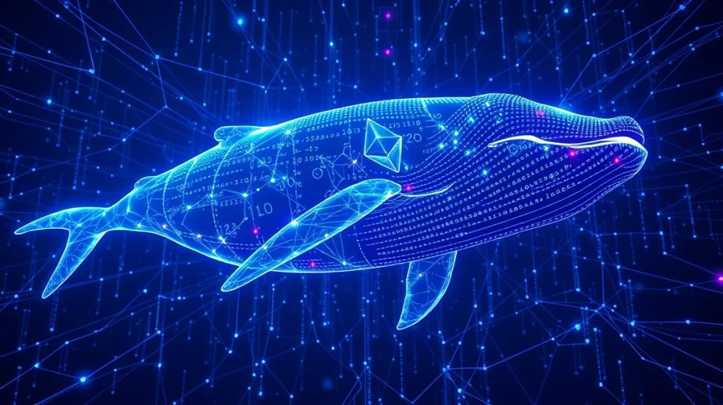 Digital whale composed of Ethereum symbols swimming through a blockchain data network.