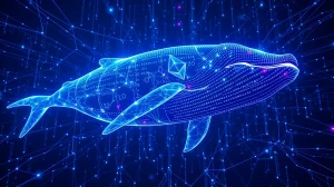 Digital whale composed of Ethereum symbols swimming through a blockchain data network.