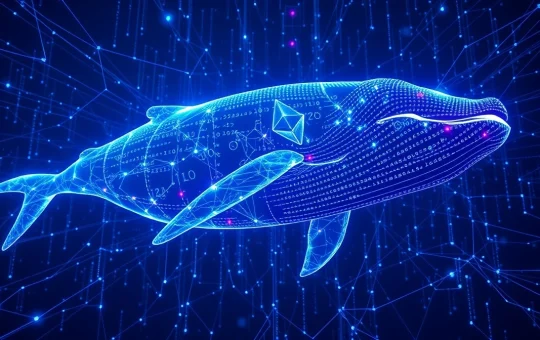 Digital whale composed of Ethereum symbols swimming through a blockchain data network.
