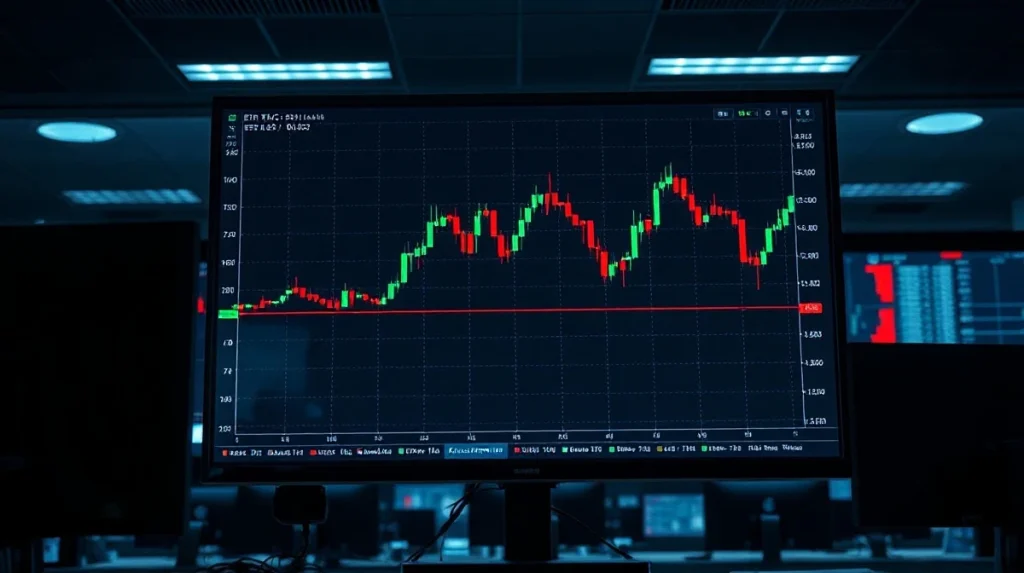 ETH/BTC trading chart on a monitor showing price touching support level near 0.02 in a trading office.