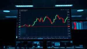 ETH/BTC trading chart on a monitor showing price touching support level near 0.02 in a trading office.