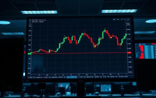 ETH/BTC trading chart on a monitor showing price touching support level near 0.02 in a trading office.