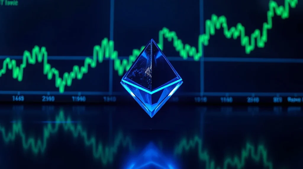 Glowing Ethereum logo on a dark digital trading dashboard with upward charts, representing whale accumulation.